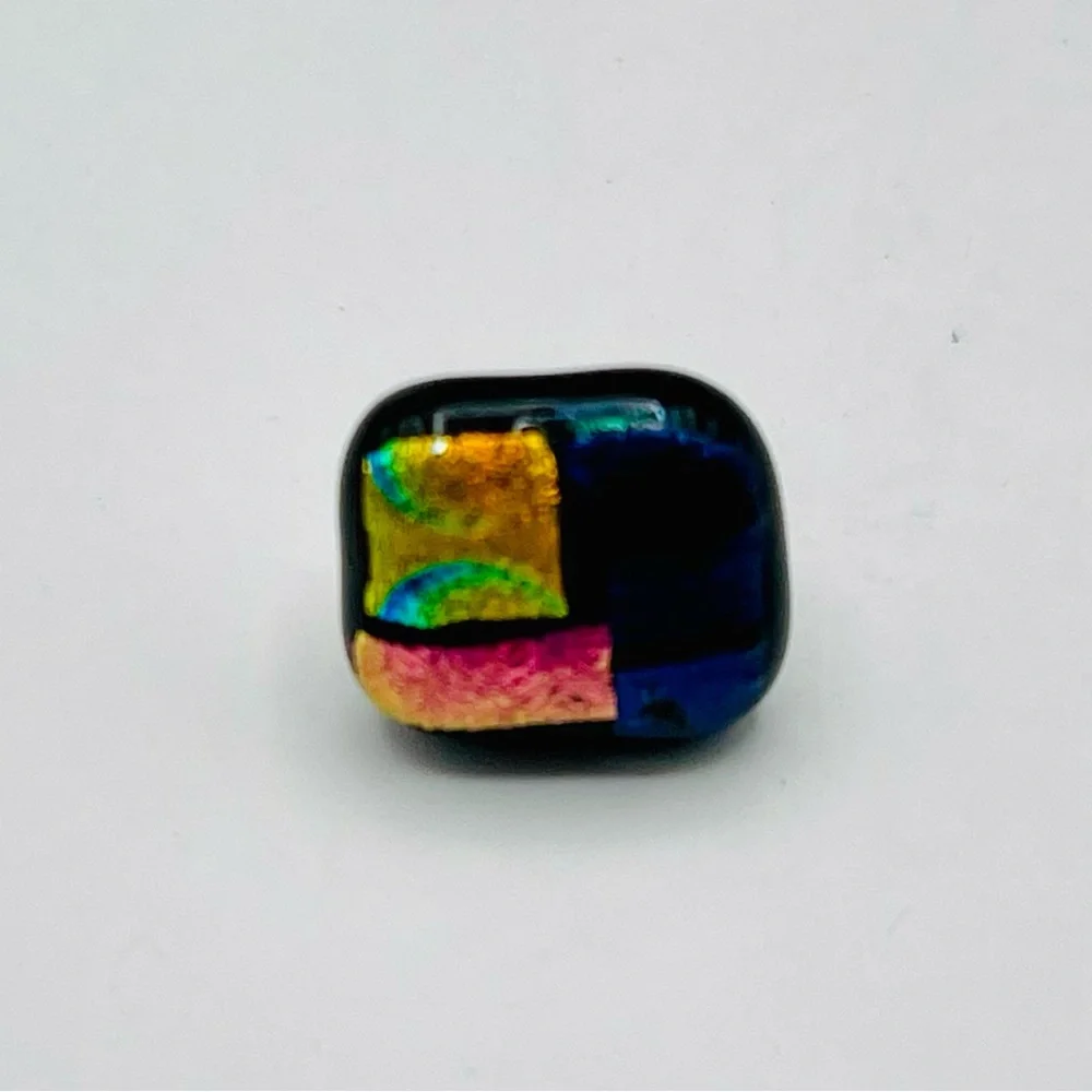 Colorful Dichroic Glass Square Tack Lapel Pin Handcrafted Blue Yellow Pink Black